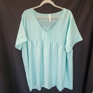 Zenana Blouse | Light Blue V Neck Flowy Babydoll Top | Womens XL